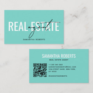 Modern real estate agent QR Code teal Business Card