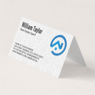 Modern Real Estate Blue Logo   Damask Pattern Business Card