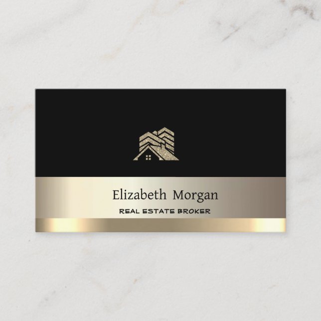 Modern Real Estate Broker Gold Glitter House Roof  Business Card (Front)
