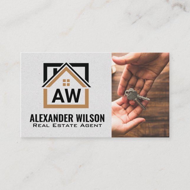 Modern Real Estate Logo | Monogram | Handing Keys Business Card (Front)
