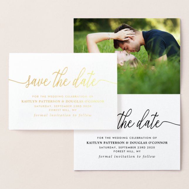 Modern REAL FOIL Script Save The Date Gold Foil Card (Display)