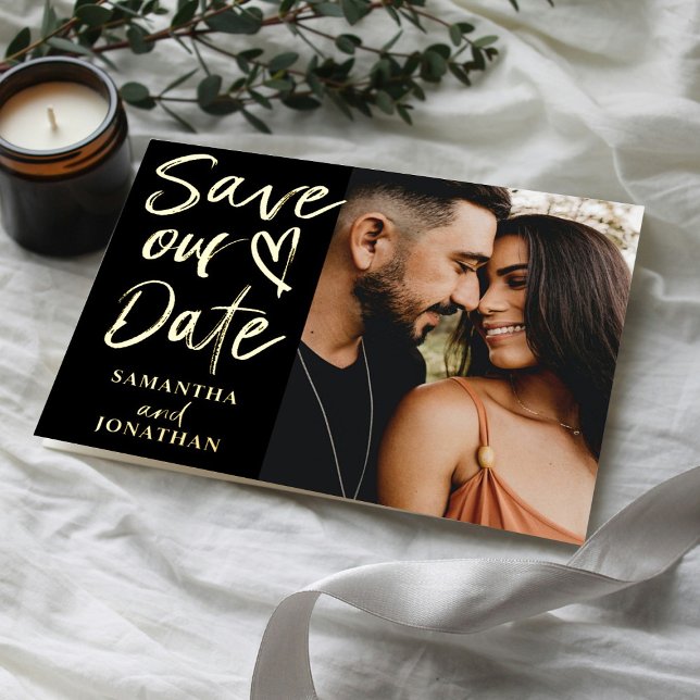 Modern real Gold Calligraphy Save our Date Foil Holiday Postcard (Creator Uploaded)