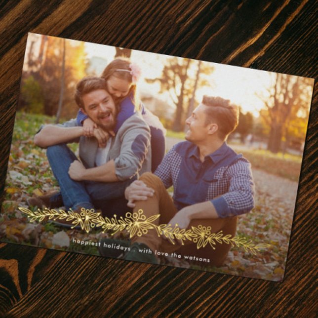 Modern REAL GOLD Mistletoe Christmas Photo Foil Holiday Card (Creator Uploaded)