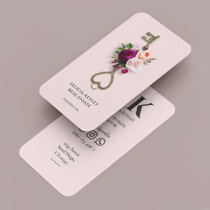 Modern Realtor Floral Key Mortgage Broker Pink Business Card