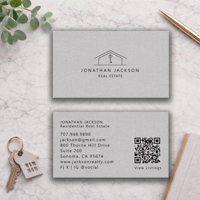 Modern Realtor Home Logo Gray Faux Linen Business Card (Creator Uploaded)