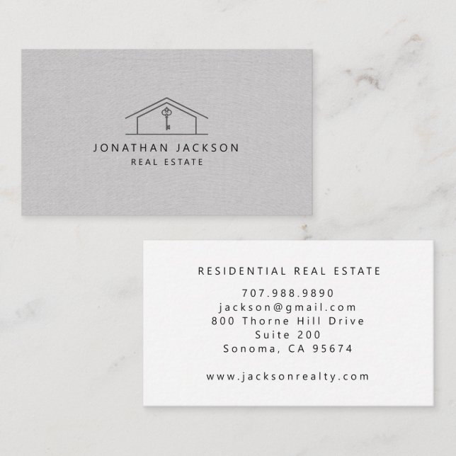 Modern Realtor Home Logo Gray Faux Linen Business Card (Front/Back)