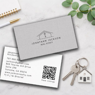 Modern Realtor Home Logo Grey Faux Linen Business Card