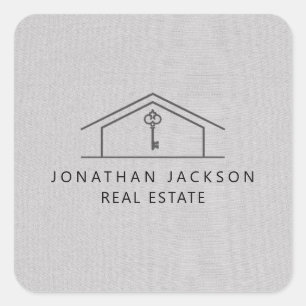 Modern Realtor Home Logo Grey Faux Linen Square Sticker