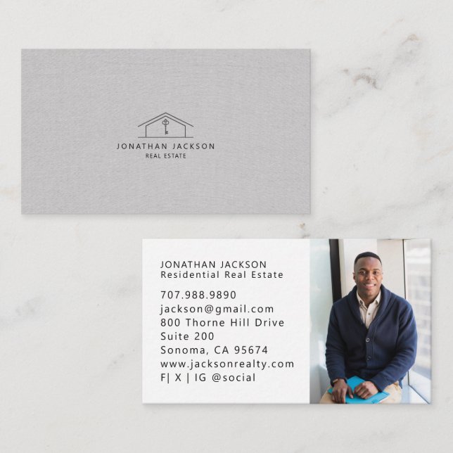 Modern Realtor Home Logo Photo Gray Faux Linen Business Card (Front/Back)