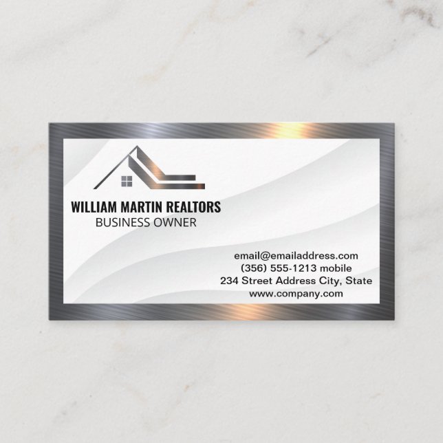 Modern Realtor Metal Logo | Metallic Border Business Card (Front)