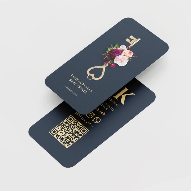Modern Realtor Monogram Floral Key Real Estate Business Card (Creator Uploaded)