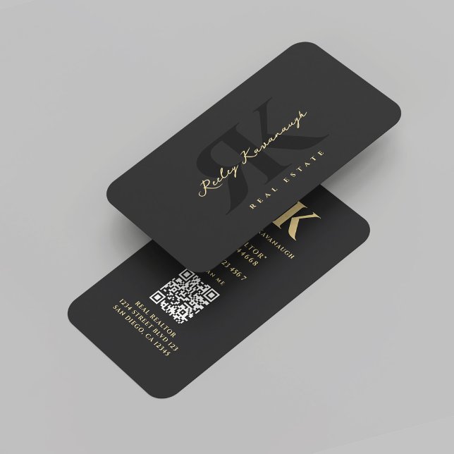 Modern Realtor Monogram R K Real Estate Black Gold Business Card (Modern Realtor Monogram R K Real Estate Agent Marketing Professional QR Black Gold Business Card
)