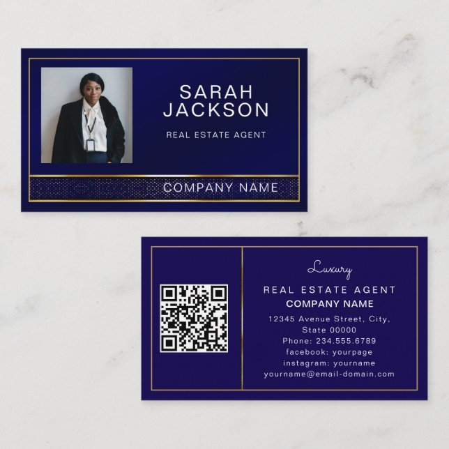 Modern Realtor Mortgage Broker Navy Blue QR code Business Card (Front/Back)