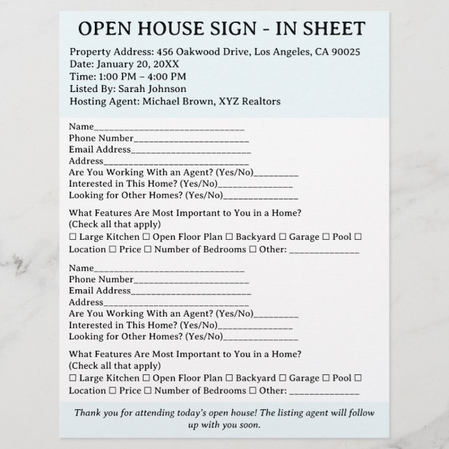 Modern Realtor Open House Sign In Sheet (Front)