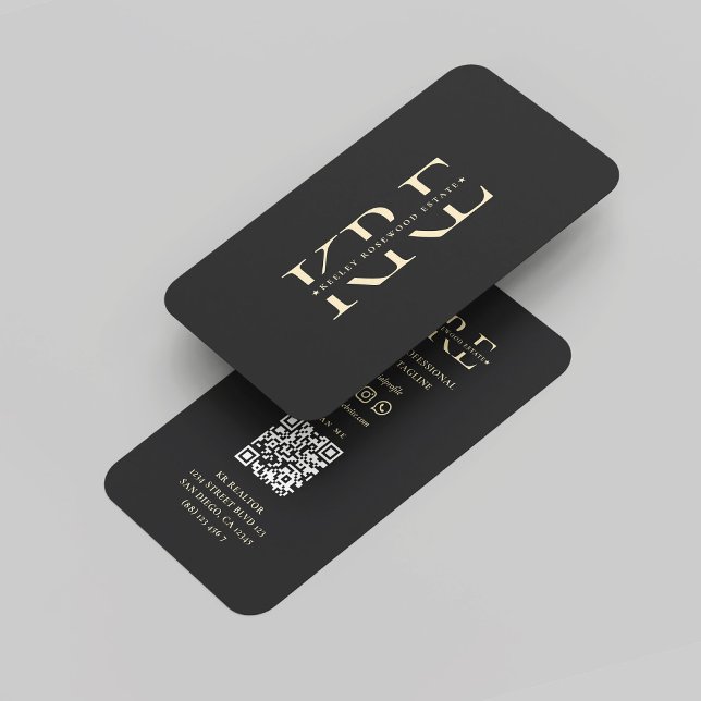 Modern Realtor Real Estate Agent Monogram Black  Business Card (Modern Realtor Monogram Real Estate Black Gold Professional Marketing QR Business Card
)