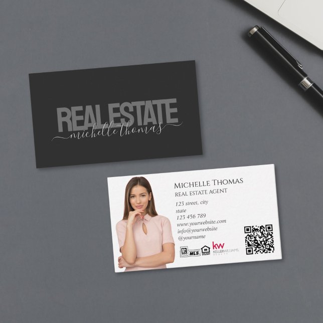Modern Realtor Real Estate Agent Photo QR Code Business Card (MODERN TYPOGRAPHY REAL ESTATE AGENT TEXT ON THE BLACK BACKGROUND)