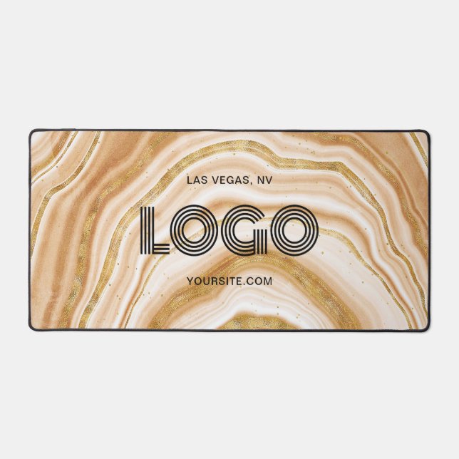 Modern Rectangular Logo Faux Golden Agate Desk Mat (Front)