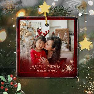 Modern Red 2 Photos Family Christmas Ceramic Ornament