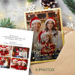 Modern red 5 photo collage Merry Christmas Foil Holiday Card<br><div class="desc">Simple minimal stylish five custom family photos "Merry Christmas and A Happy New Year" (changeable) typography script text overlay Christmas holiday card template with a real gold foil frame and snowflakes. Easy to personalise with your pictures, text, name signature, and wishes on both sides! Please note that the foil colour...</div>
