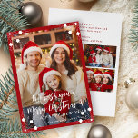 Modern red 5 photo collage Merry Christmas Holiday Card<br><div class="desc">Simple minimal stylish five custom family photos "Merry Christmas and A Happy New Year" (changeable) typography script text overlay Christmas holiday card template with a bright red frame and snowflakes.                       Easy to personalise with your pictures,  text,  name signature,  and wishes on both sides!</div>