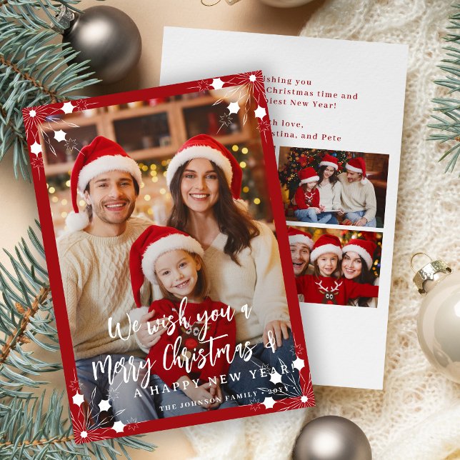 Modern red 5 photo collage Merry Christmas Holiday Card (Creator Uploaded)