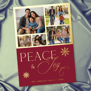 Modern Red 5 Photo Collage Peace & Joy Foil Holiday Card