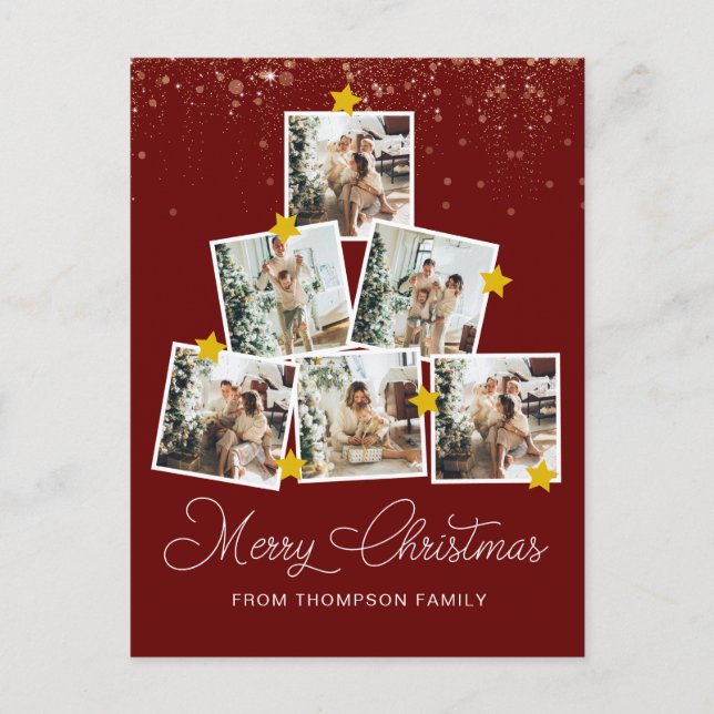 Modern Red 6 Photo Christmas Tree Christmas Postcard (Front)