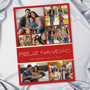 Modern Red 7 Photo Collage Feliz Navidad Foil Holiday Card