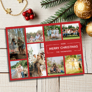 Modern Red 8 Photo Collage Merry Christmas Holiday Card