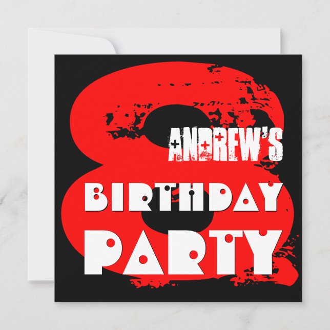 Modern RED 8th Birthday Party 8 Year Old V11 Invitation (Front)