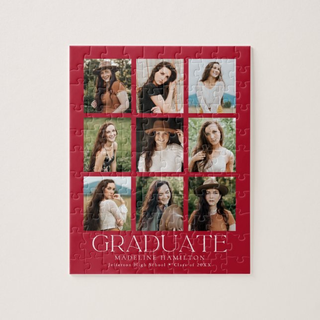 Modern Red 9 Photo Collage Graduation Jigsaw Puzzle (Vertical)