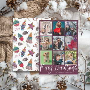 Modern Red 9 Photo Merry Christmas Bauble Pattern Holiday Card