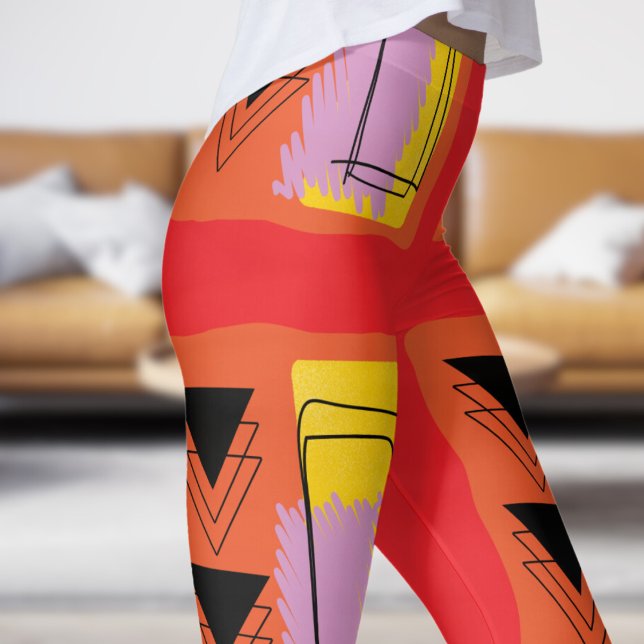 Modern Red Abstract Block Pattern Leggings (Abstract Block on Bright Red)