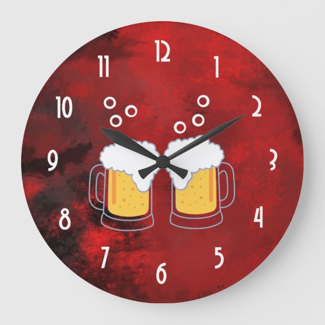 Modern Red Abstract with Beer Mugs Large Clock (Front)
