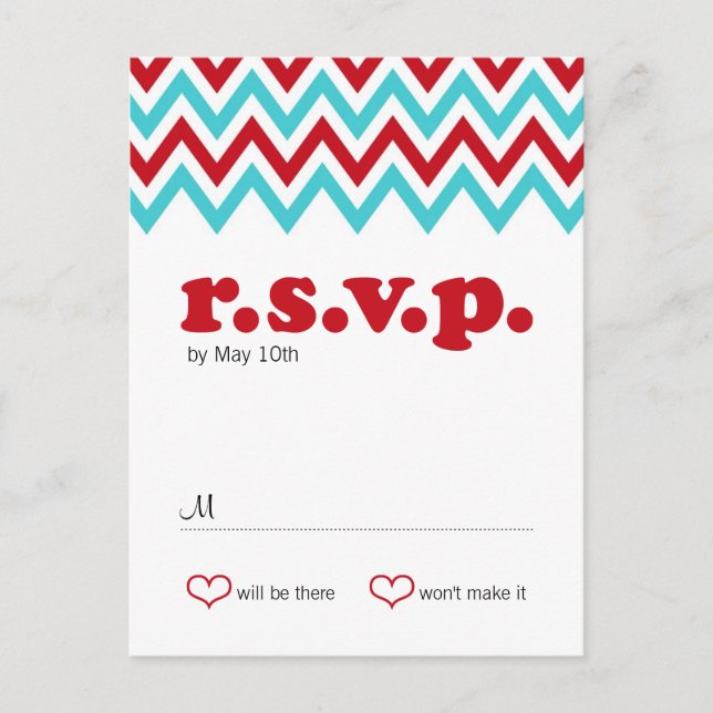 Modern Red and Aqua Chevron & Lovebirds RSVP Invitation Postcard (Front)