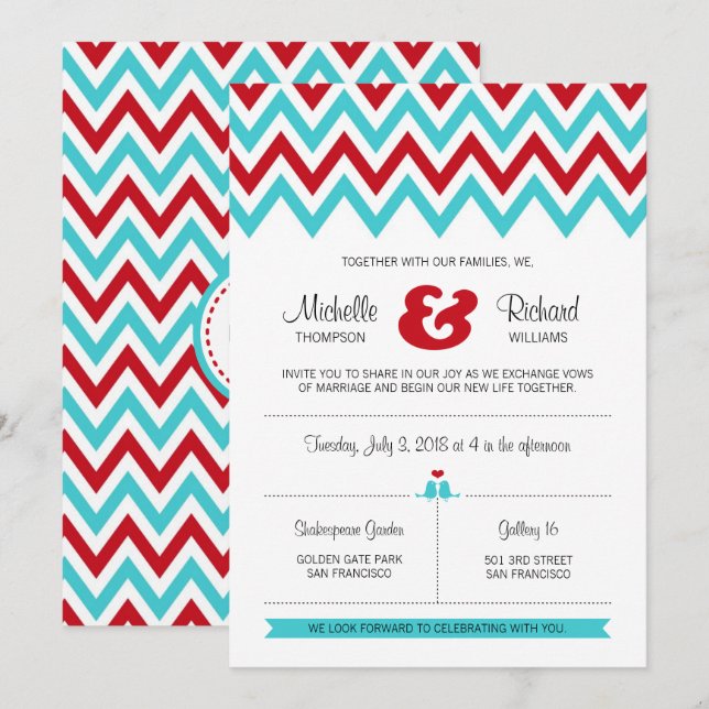 Modern Red and Aqua Chevron & Lovebirds Wedding Invitation (Front/Back)