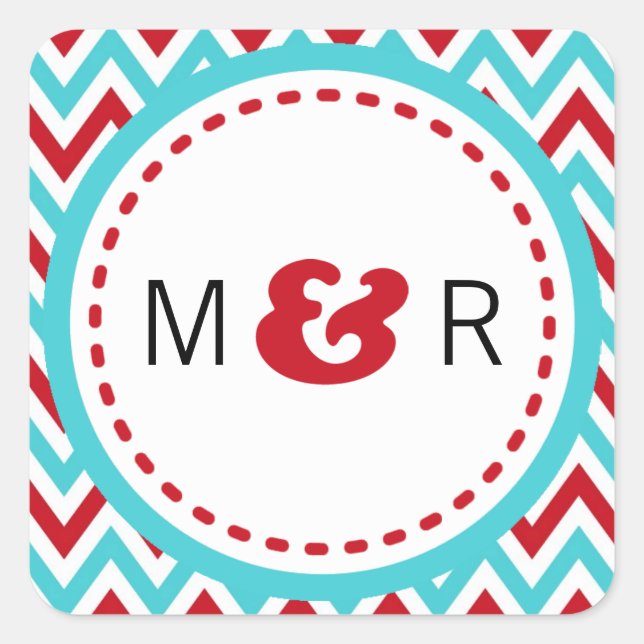 Modern Red and Aqua Chevron & Lovebirds Wedding Square Sticker (Front)