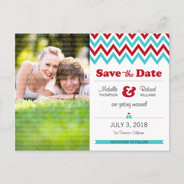 Modern Red and Aqua Chevron Photo Save the Date Announcement Postcard (Front)