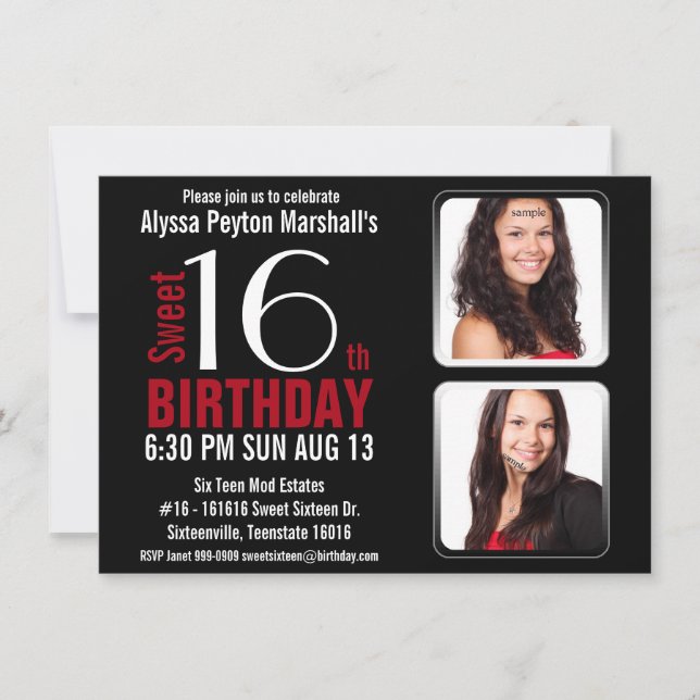 Modern Red and Black 2 Photos Sweet 16 Party Invitation (Front)