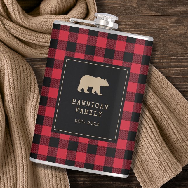 Modern Red and Black Buffalo Plaid Family Name Hip Flask (Creator Uploaded)