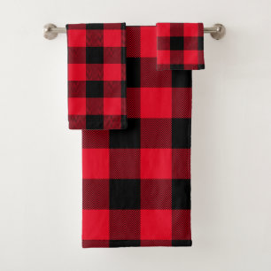 Modern Red and Black Chevron Buffalo Plaid Bath Towel Set