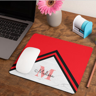 Modern Red and Black Chevron Name Monogram Mouse Mat