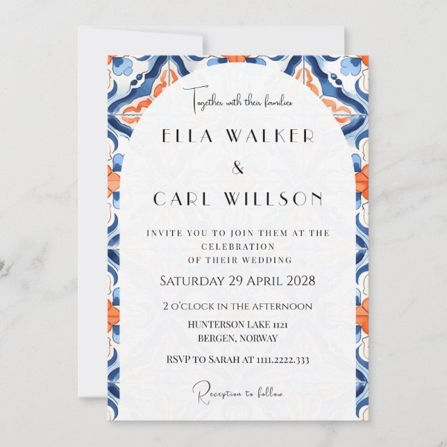 Modern Red And Blue Tile Wedding Invitation (Front)