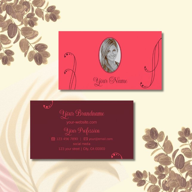 Modern Red and Burgundy Ornate with Portrait Photo Business Card (Creator Uploaded)
