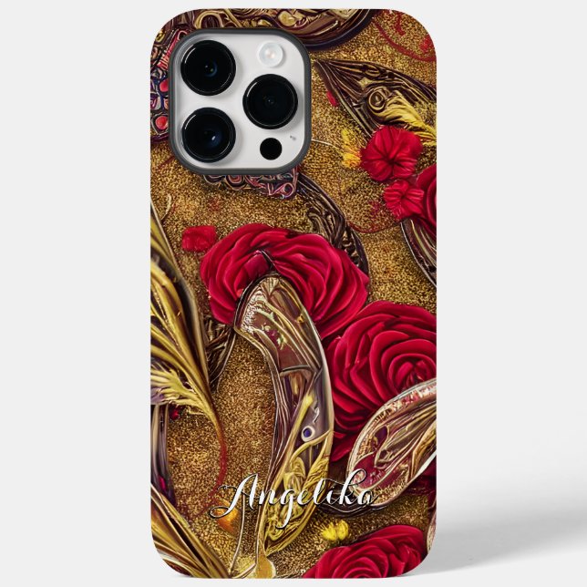 Modern Red and Gold Floral Custom Name Case-Mate iPhone Case (Back)