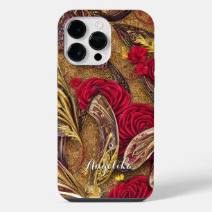 Modern Red and Gold Floral Custom Name iPhone 14 Pro Max Case
