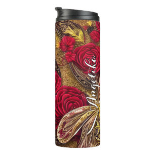 Modern Red and Gold Floral Custom Name Thermal Tumbler