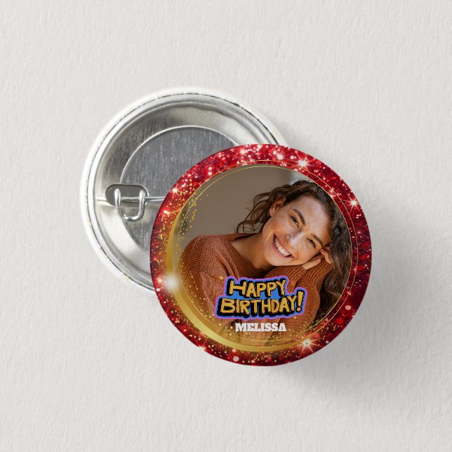 Modern Red and Gold Glitter Photo Name Birthday 3 Cm Round Badge (Front & Back)