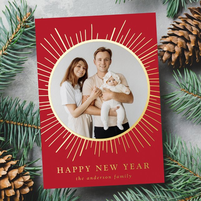 Modern Red and Gold Sunburst Happy New Year Photo Foil Holiday Card (Creator Uploaded)