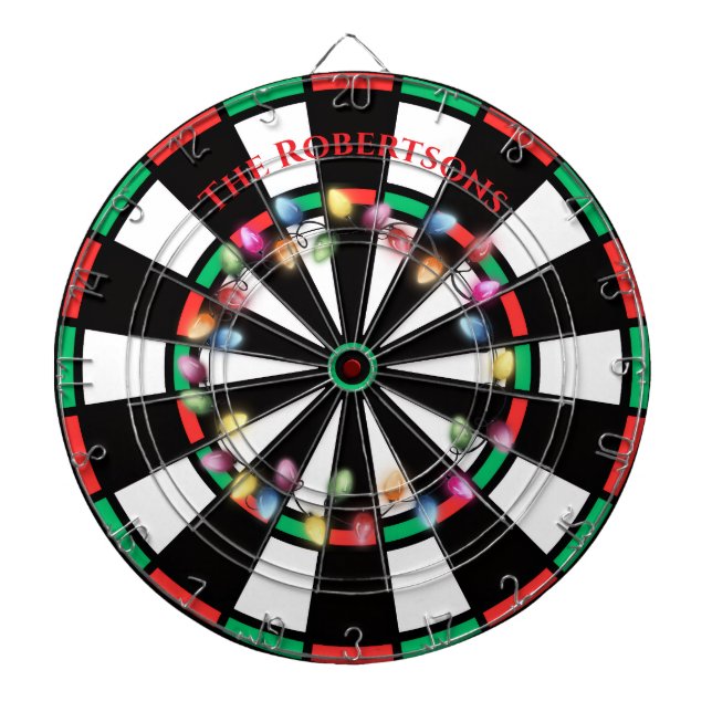 Modern Red and Green Christmas Lights Family Name  Dartboard (Front)